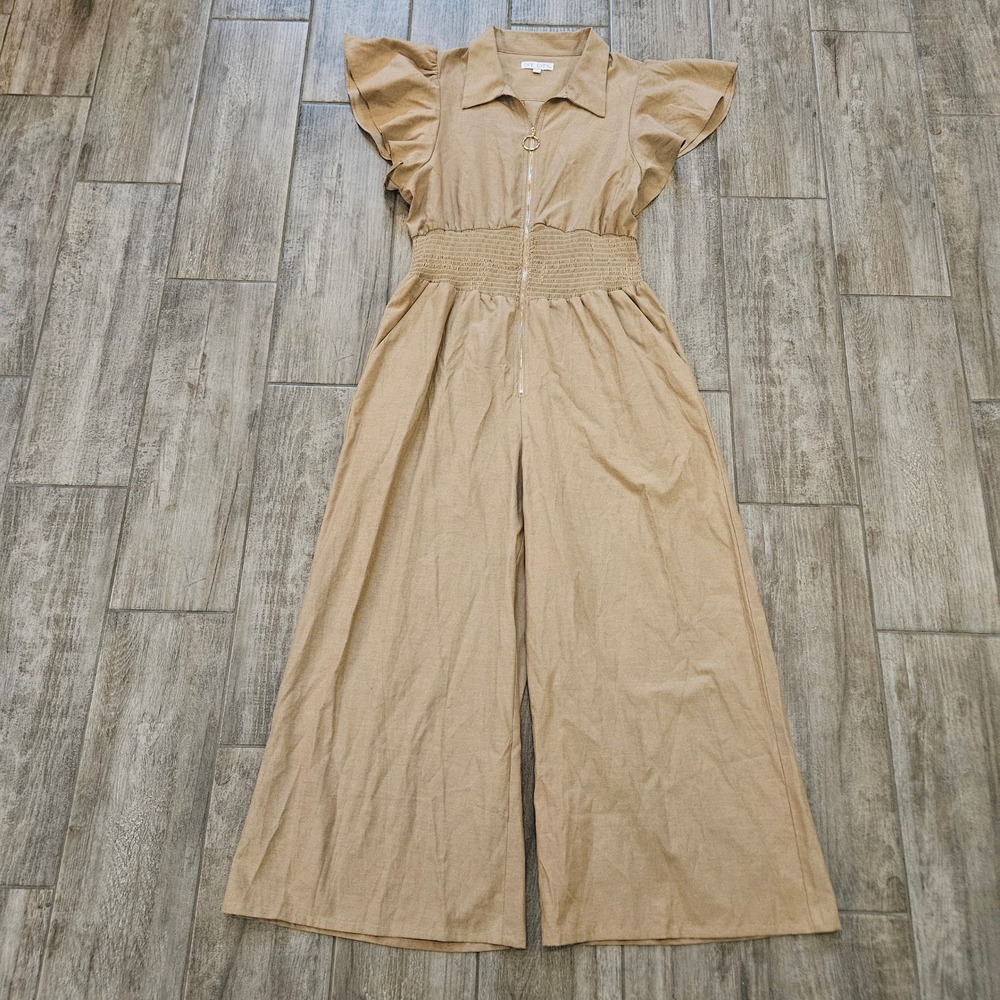 Ivy City Co Tan Button-Front Wide Leg Jumpsuit